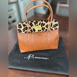 B. Makowsky Tan and Leopard Print Leather Satchel